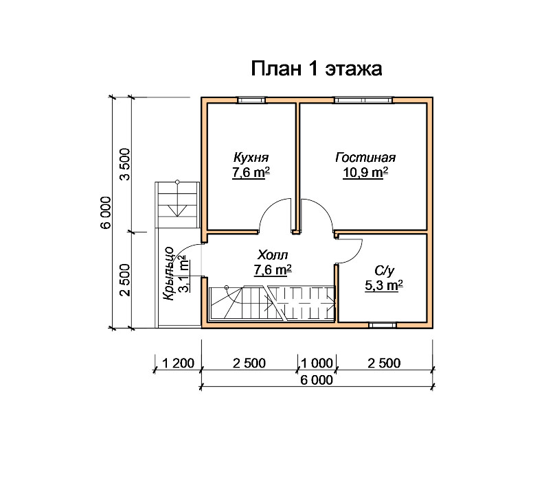ДБ-2a Дом из бруса 6х6 м планировка 1-го этажа