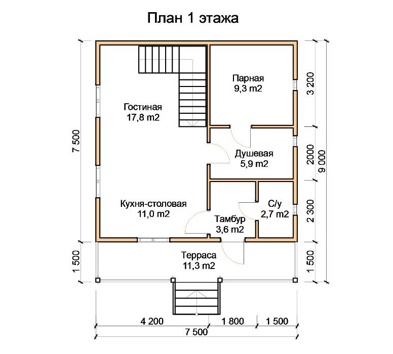 ДБ-22 Дом из бруса 9х8 м планировка 1-го этажа
