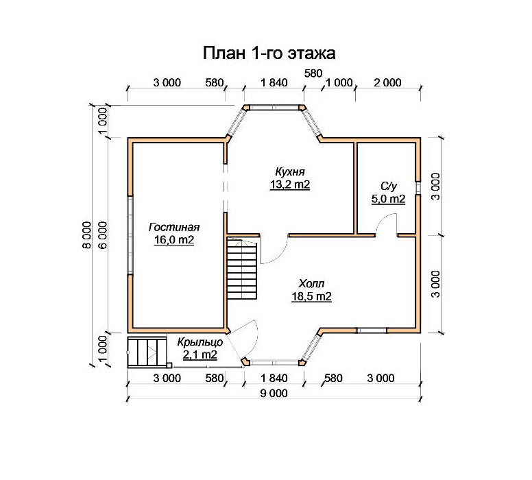 ДБ-23 Дом из бруса 8х9 м планировка 1-го этажа