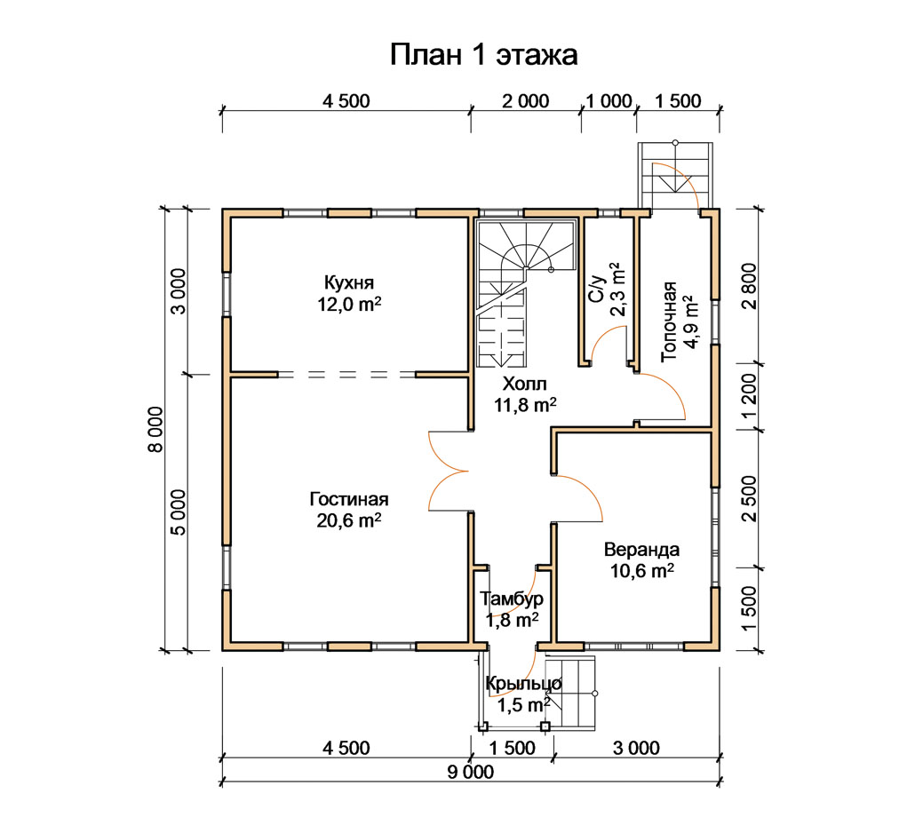 ДБ-30 Дом из бруса 8х9 м планировка 1-го этажа
