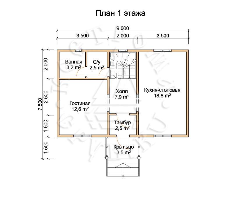 ДБ-104 Дом из бруса 6х9 м планировка 1-го этажа