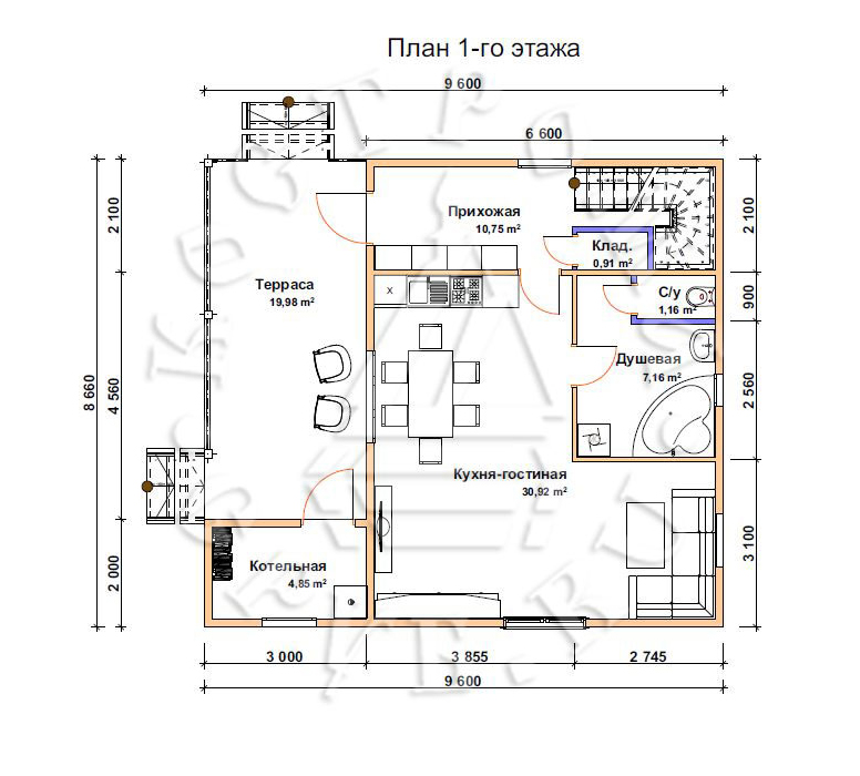 ДБ-129 Дом из бруса 8х9 м планировка 1-го этажа