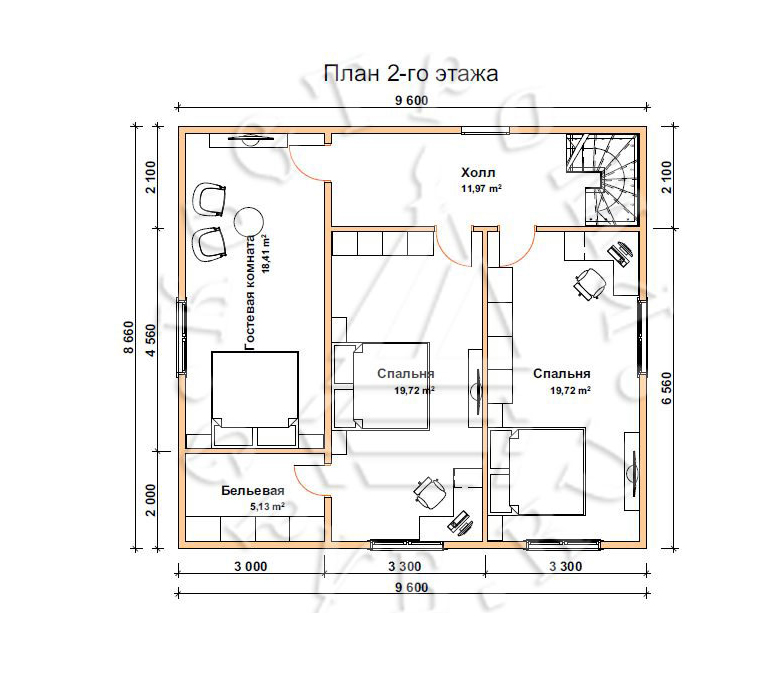 ДБ-129 Дом из бруса 8х9 м планировка 2-го этажа