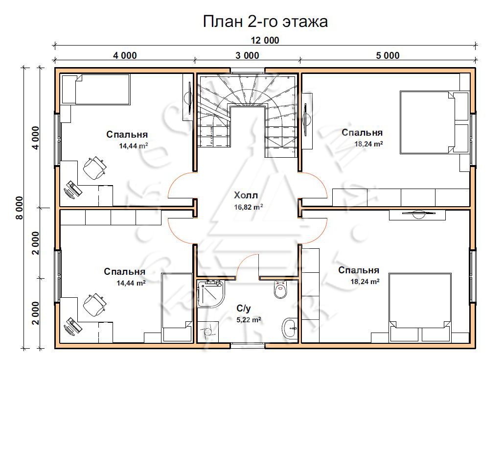 ДБ-131 Дом из бруса 12х8 м планировка 2-го этажа