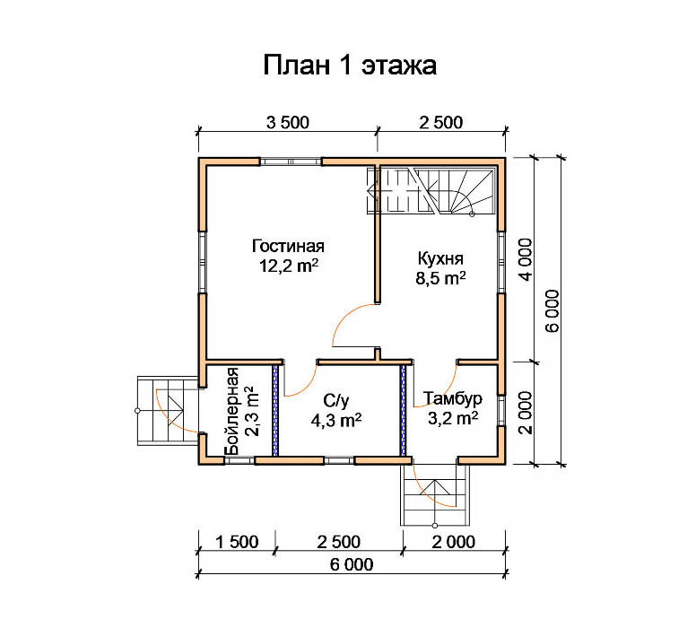 ДБ-1a Дом из бруса 6х6 м планировка 1-го этажа